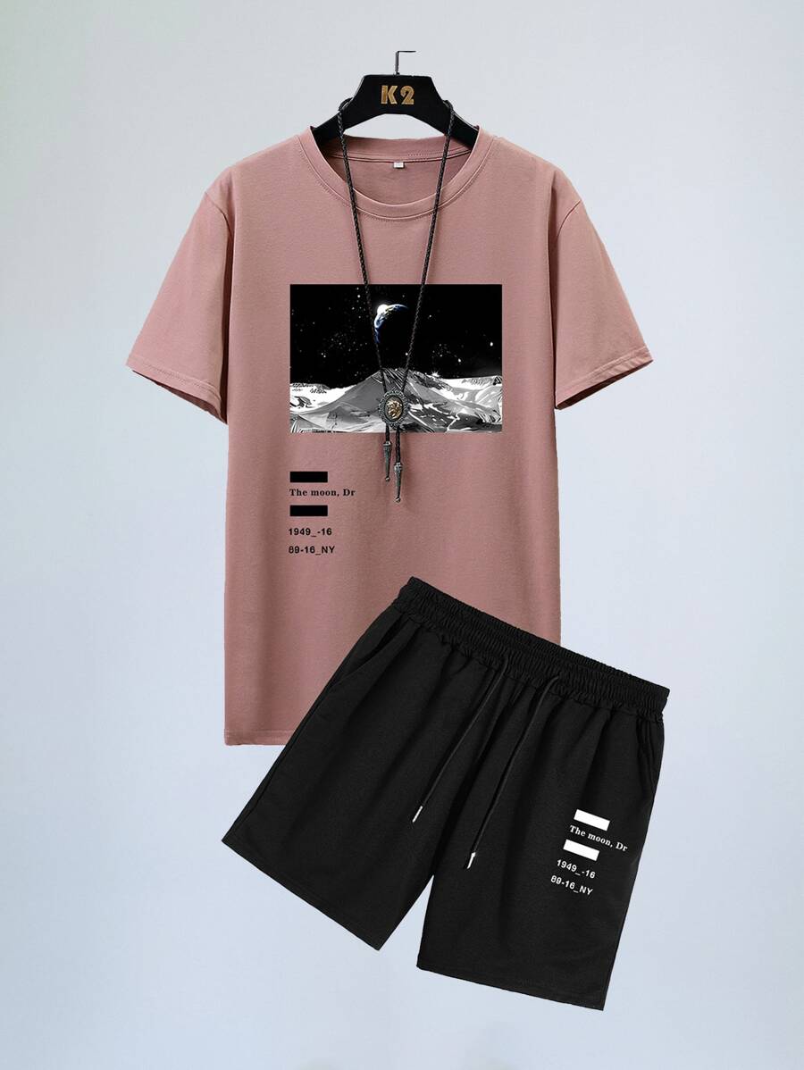 Manfinity Homme 男士字母和照片印花T恤和腰部抽繩短褲 - 彩色 - 查看 1