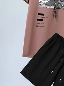 Manfinity Homme 男士字母和照片印花T恤和腰部抽繩短褲 - 彩色 - 查看 3