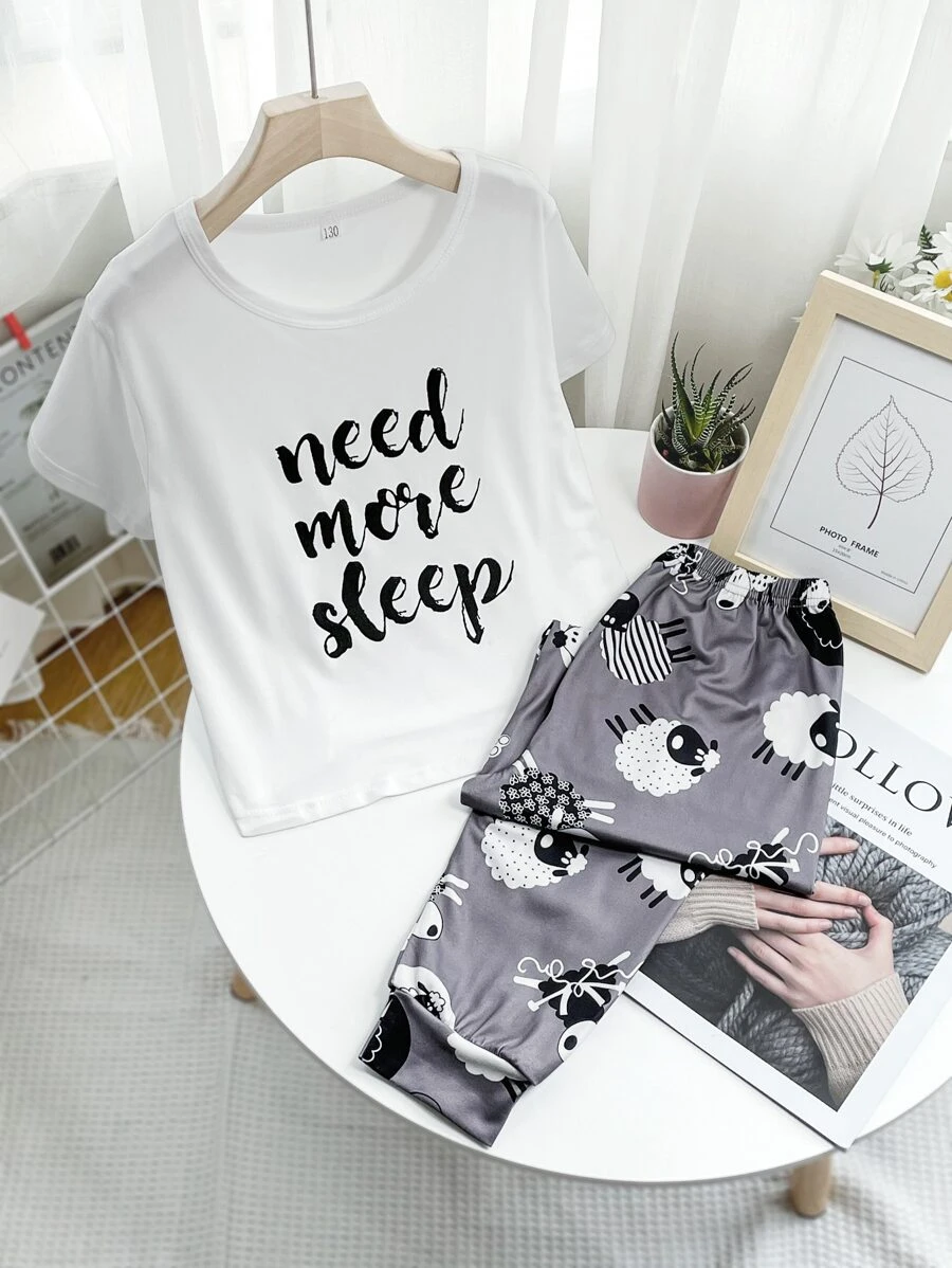 Girls Slogan & Cartoon Sheep Graphic PJ Set - Multicolor - View 1