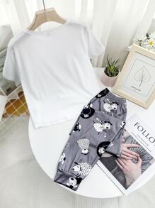 Girls Slogan & Cartoon Sheep Graphic PJ Set - Multicolor - View 2