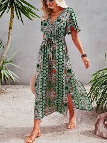 Breezaya 滿版印花蝴蝶袖開衩側繫腰帶連衣裙 - 彩色 - 查看 3