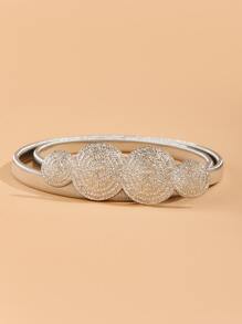 1 pieza Elegante cinturón de mujer elástico de metal plateado estilo vintage delgado y estrecho con diseño de hoja para vestidos, jeans, Halloween, verano, escuela - Plateado - Ver 1