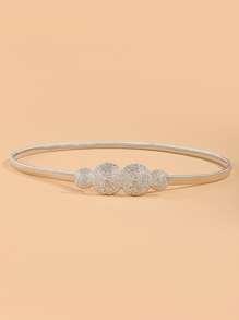 1 pieza Elegante cinturón de mujer elástico de metal plateado estilo vintage delgado y estrecho con diseño de hoja para vestidos, jeans, Halloween, verano, escuela - Plateado - Ver 2