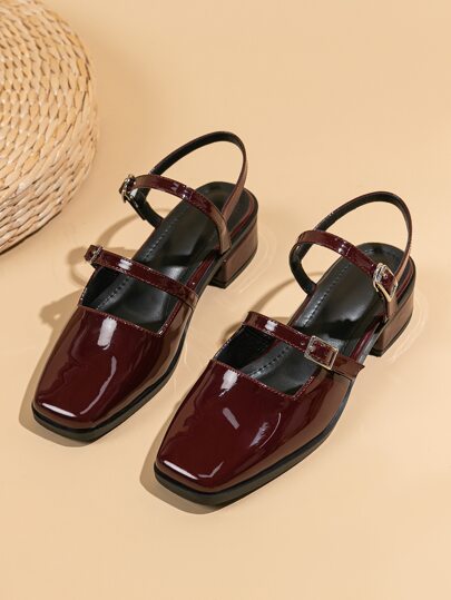 Fall/Winter Women Artificial Patent Leather Heel Pumps, Elegant Square Toe Ankle Strap Pumps,Elegant