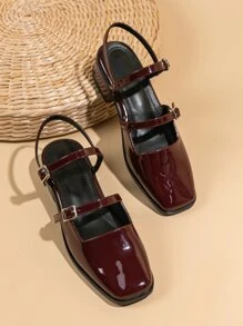 秋冬季女士人造漆皮高跟鞋，优雅方头踝带高跟鞋，优雅