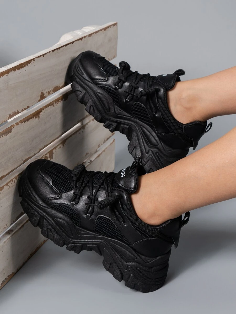 Letter Graphic Lace-up Front Chunky Sneakers - Black - View 1