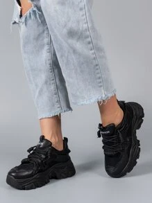 Letter Graphic Lace-up Front Chunky Sneakers - Black - View 2