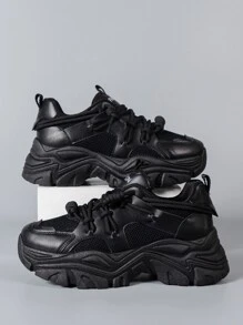 Letter Graphic Lace-up Front Chunky Sneakers - Black - View 3