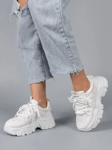 字母圖案繫帶前厚底運動鞋，女式白色拼接運動鞋