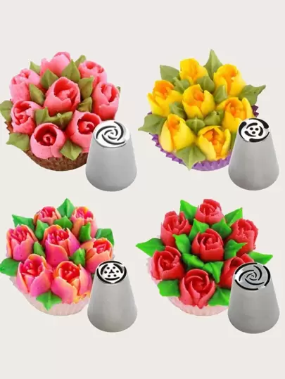 4 piezas/set boquilla de tubería de acero inoxidable, punta de glaseado de crema para hornear plateada, para decoración de pasteles, suministro para hornear