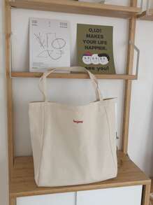 字母刺繡大容量購物包書包適合畢業生、青少年女孩、新生、大二、初中和高中大學生、大學和高中，非常適合戶外、旅行和返校 - 米色 - 查看 2