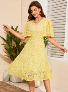 Butterfly Sleeve Lace A-line Dress - Yellow - View 6