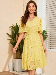 Butterfly Sleeve Lace A-line Dress - Yellow - View 1
