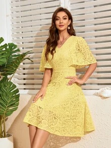 Butterfly Sleeve Lace A-line Dress - Yellow - View 3