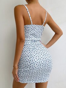 Breezaya Vestido entallado drapeado con estampado floral Ditsy para vacaciones y playa para mujeres