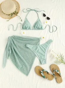 Swim Mod Bộ 3 bikini hở lưng họa tiết hoa nhỏ xinh và váy đi biển mùa hè - Màu xanh Bạc hà - Xem 1