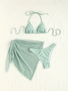 Swim Mod Bộ 3 bikini hở lưng họa tiết hoa nhỏ xinh và váy đi biển mùa hè - Màu xanh Bạc hà - Xem 5