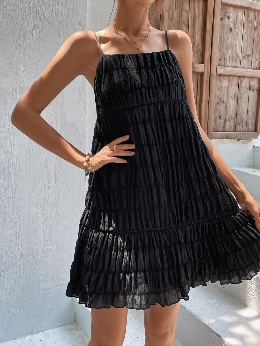 SHEIN VCAY Đầm Dải chun màu trơn Boho - màu đen - Xem 1