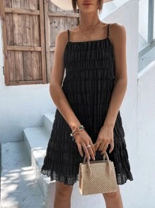 SHEIN VCAY Đầm Dải chun màu trơn Boho - màu đen - Xem 4