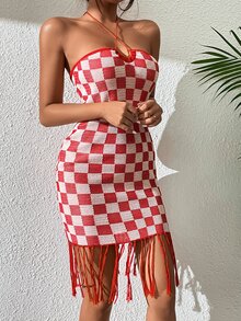 Checkered Print Tie Backless Fringe Hem Halter Bodycon Jumper Dress - Multicolor - View 6