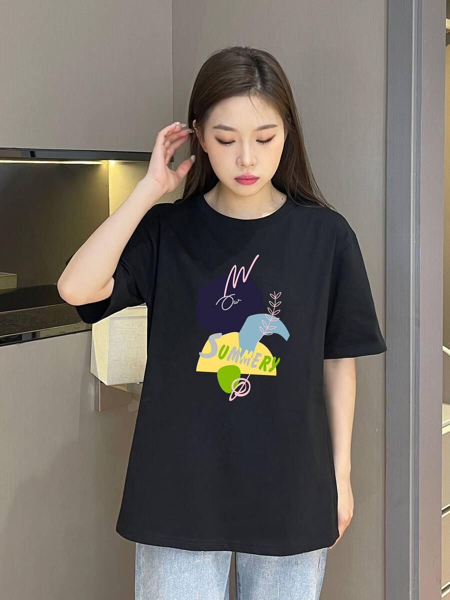 Letter Graphic Drop Shoulder Oversized Tee, Unisex - Black - View 1