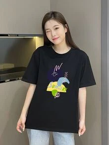 Letter Graphic Drop Shoulder Oversized Tee, Unisex - Black - View 4