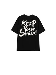 Kaos dengan Motif Slogan dan Bahu Jatuh - Hitam - View 2