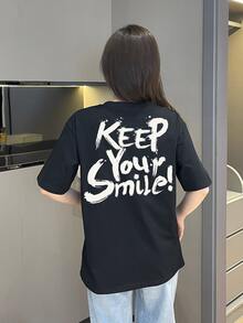 Kaos dengan Motif Slogan dan Bahu Jatuh - Hitam - View 3