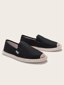 Men Letter Patched Espadrille Loafers - Black - View 1