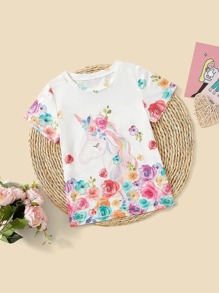 SHEIN Young Girl Floral & Unicorn Print Tee - White - View 1