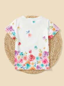 SHEIN Young Girl Floral & Unicorn Print Tee - White - View 2