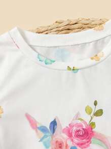 SHEIN Young Girl Floral & Unicorn Print Tee - White - View 3