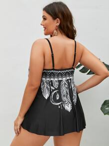 SHEIN Swim Curve Plus Size Feather Print Cut Out Tankini Summer Beach - Black - View 2