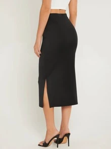 SHEIN BASICS Solid Split High Waist Skirt - Black - View 2
