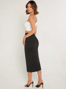 SHEIN BASICS Solid Split High Waist Skirt - Black - View 3