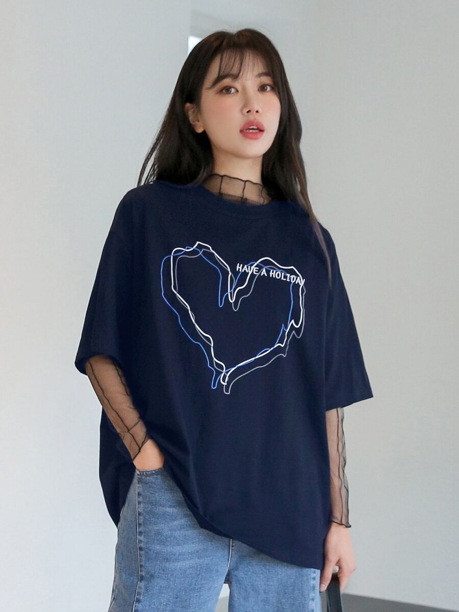 DAZY Slogan Embroidery Heart Print Drop Shoulder Tee - Navy Blue - View 1