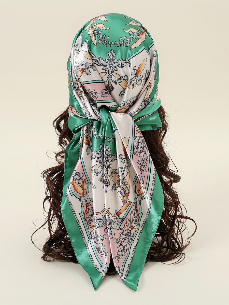 1pc Women's New Print Square Scarf, Popular Sunscreen Head Wrap Bandana For Daily - Green - View 1