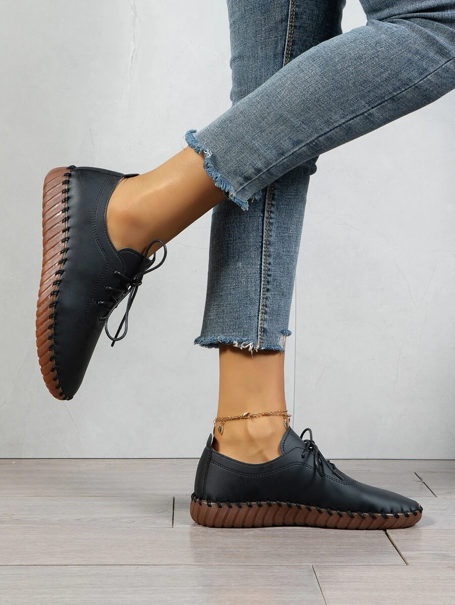Stitch Decor Lace-up Front Oxford Flats - Black - View 1