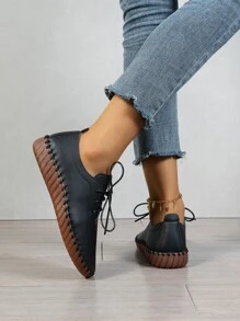 Stitch Decor Lace-up Front Oxford Flats - Black - View 3