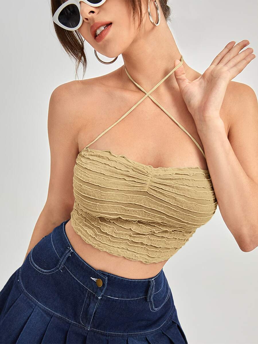 SHEIN ICON 褶邊木耳邊後背繫帶掛脖上衣 - 駝色 - 查看 1
