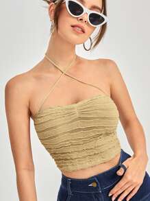 SHEIN ICON 褶邊木耳邊後背繫帶掛脖上衣 - 駝色 - 查看 5