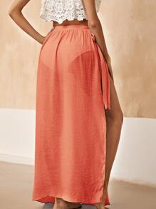 SHEIN Swim 豹紋雪紡結飾腰罩衫半身裙 - 橘色 - 查看 2