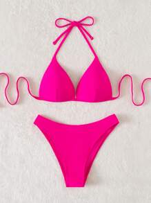 Swim Basics 夏季海滩纯色比基尼套装聚拢上衣和比基尼下装两件套泳衣，度假比基尼 - 玫紅色 - 查看 1