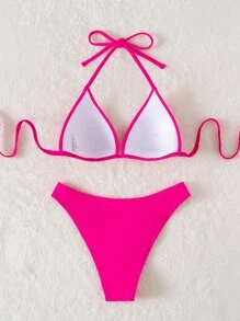 Swim Basics 夏季海滩纯色比基尼套装聚拢上衣和比基尼下装两件套泳衣，度假比基尼 - 玫紅色 - 查看 2