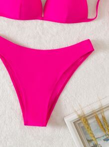 Swim Basics 夏季海滩纯色比基尼套装聚拢上衣和比基尼下装两件套泳衣，度假比基尼 - 玫紅色 - 查看 3