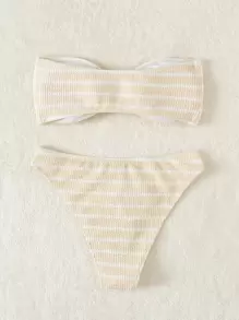 SHEIN Swim Summer Beach Striped Textured Bandeau Bikini - Khaki - View 2