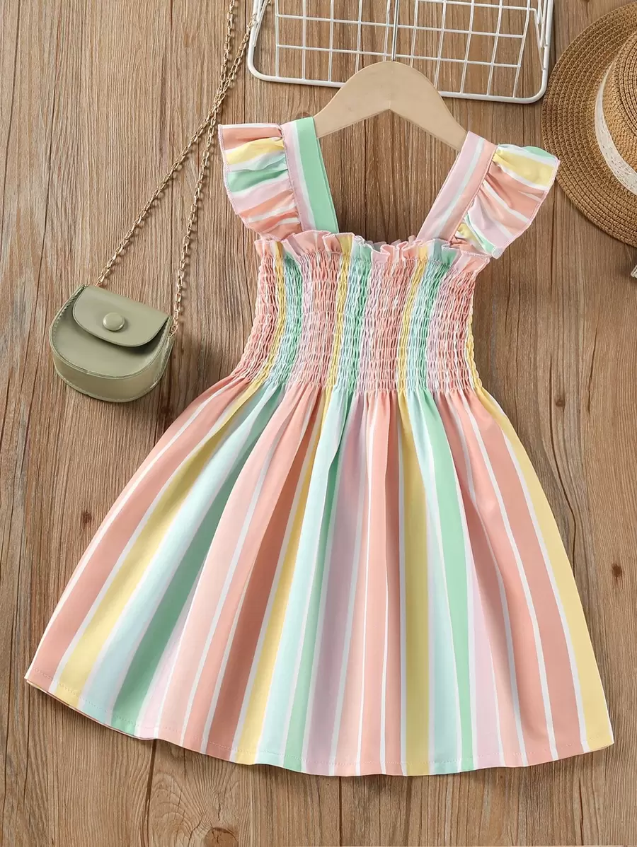 SHEIN 小女童條紋圖案打褶荷葉邊吊帶連衣裙