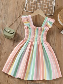 SHEIN 小女童條紋圖案打褶荷葉邊吊帶連衣裙