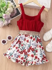 Tween Girl Ruffle Trim Floral Print Belted Romper