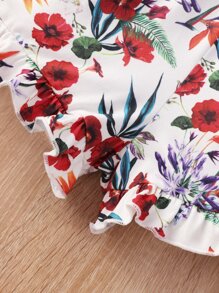 Tween Girl Ruffle Trim Floral Print Belted Romper